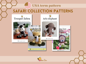 Safari Pattern collection - Amigurumi elephant, Zebra, Cheetah, Lion.