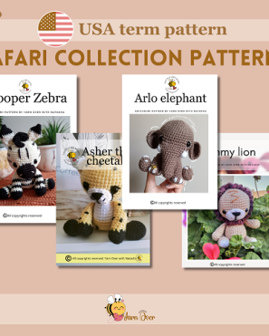 Safari Pattern collection - Amigurumi elephant, Zebra, Cheetah, Lion.