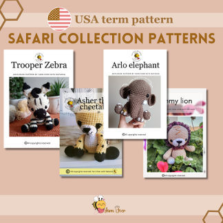 Safari Pattern collection - Amigurumi elephant, Zebra, Cheetah, Lion.