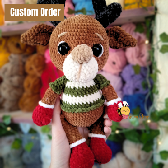 Reindeer Custom Order - dark brown, green jersey