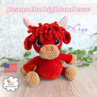 Crochet Highland cow amigurumi in light brown plush yarn with cream snout and horns, dark hooves, and fluffy curly hair, held in hand, with Kismet yarn colour details displayed.