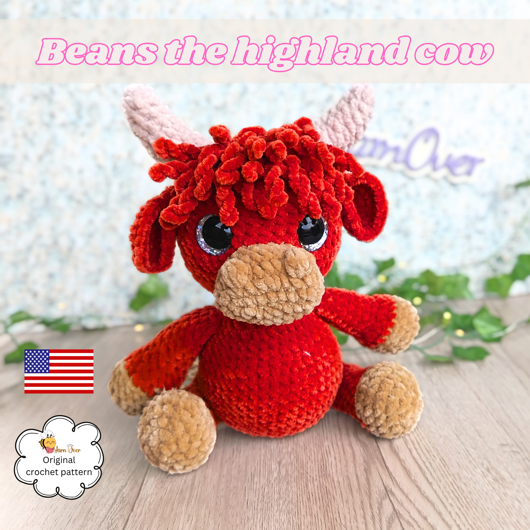 Crochet Highland cow amigurumi in light brown plush yarn with cream snout and horns, dark hooves, and fluffy curly hair, held in hand, with Kismet yarn colour details displayed.